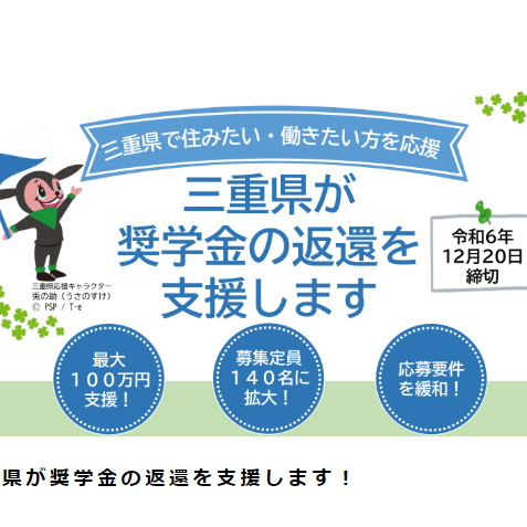 (終了しました)【〆切間近!12/20まで】令和6年度 三重県が奨学金の返還を支援します!